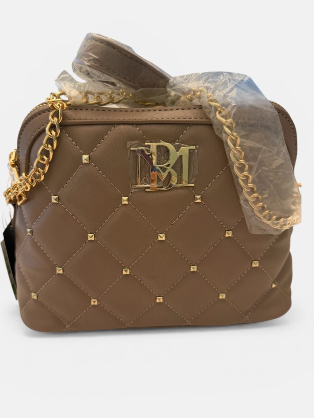 Badgley Mischka Quilted Taupe Crossbody with Gold Accents